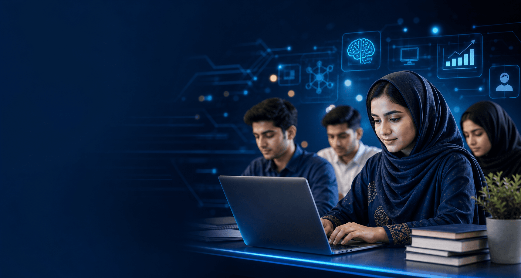 Students learning technology skills at Zubair Institute